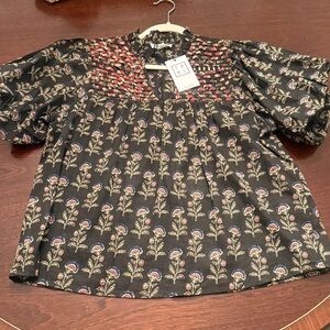 NWT THML Black Petal and Pitch Blouse with Red and Blue Floral Design Size XS